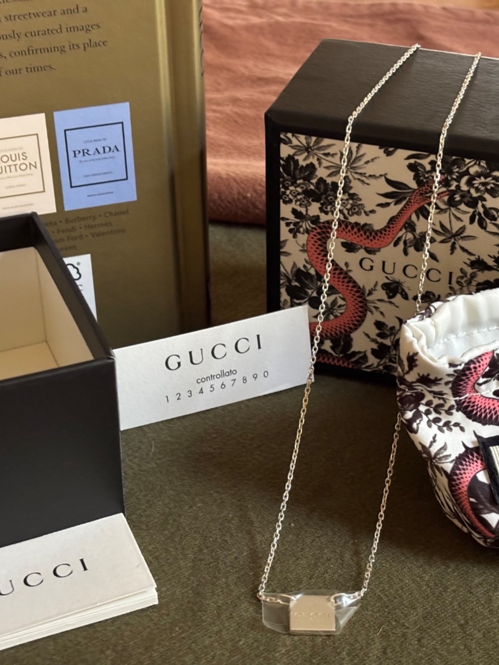 GUCCI SIGNATURE LOGO 925 STERLING SILVER Square BAR Necklace 17" + extender
